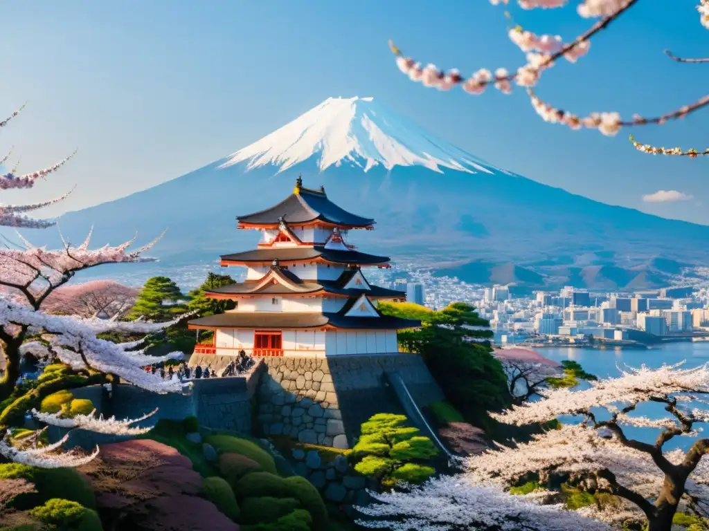 Castillo samurái en la era AzuchiMomoyama con cerezos en flor y el majestuoso Monte Fuji al fondo, capturando su esencia histórica y natural