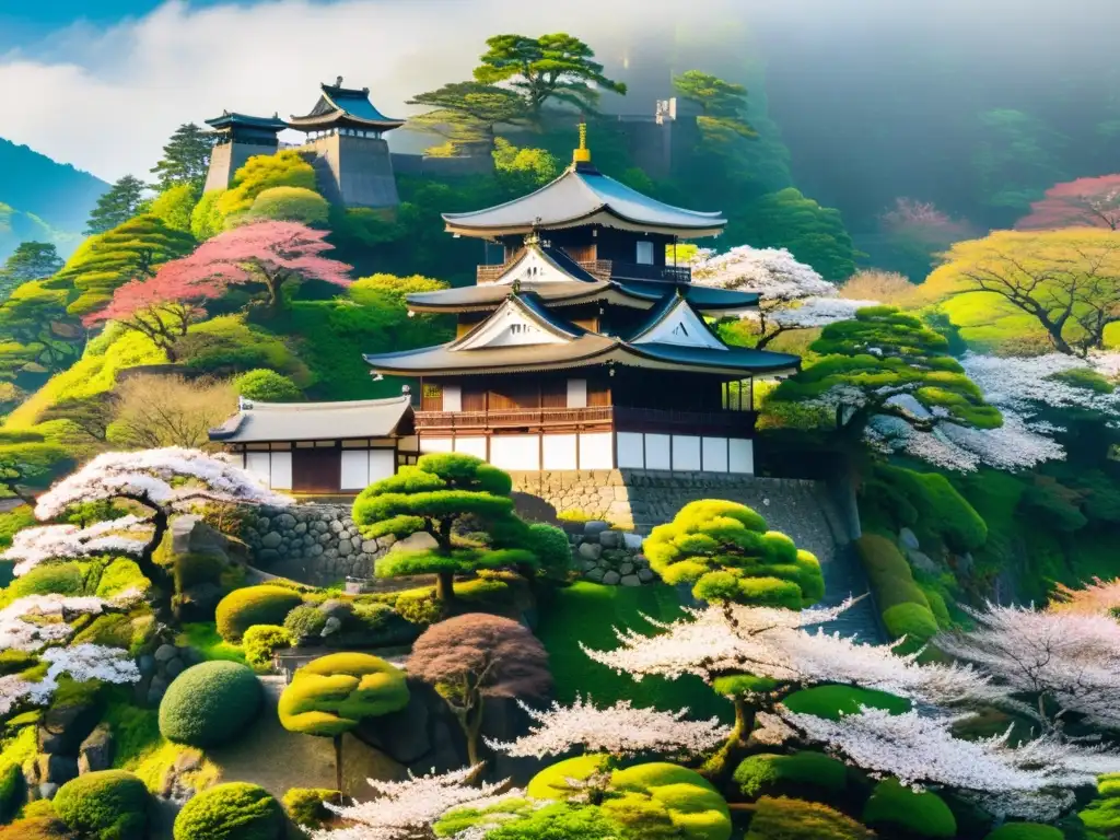 Castillo japonés: belleza ancestral entre la naturaleza Castillo samurái en colina japonesa, rodeado de belleza natural y principios filosóficos de construcción