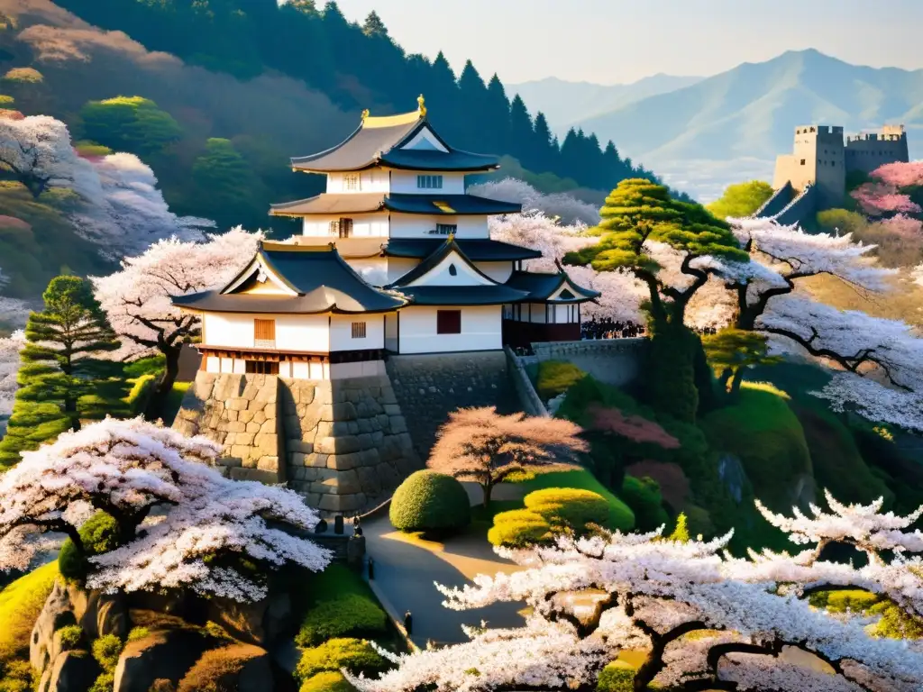 Castillo samurái entre cerezos en flor Castillo samurái en la colina, rodeado de árboles de cerezo en flor