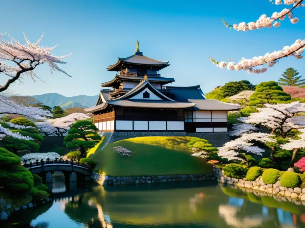 Castillo feudal japonés rodeado de naturaleza exuberante y samuráis practicando artes marciales al atardecer