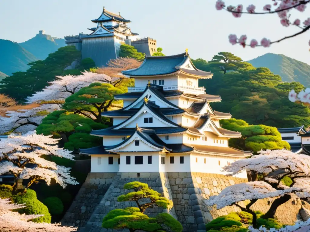 Castillo de Himeji al atardecer, con sus elegantes curvas y los cerezos en flor