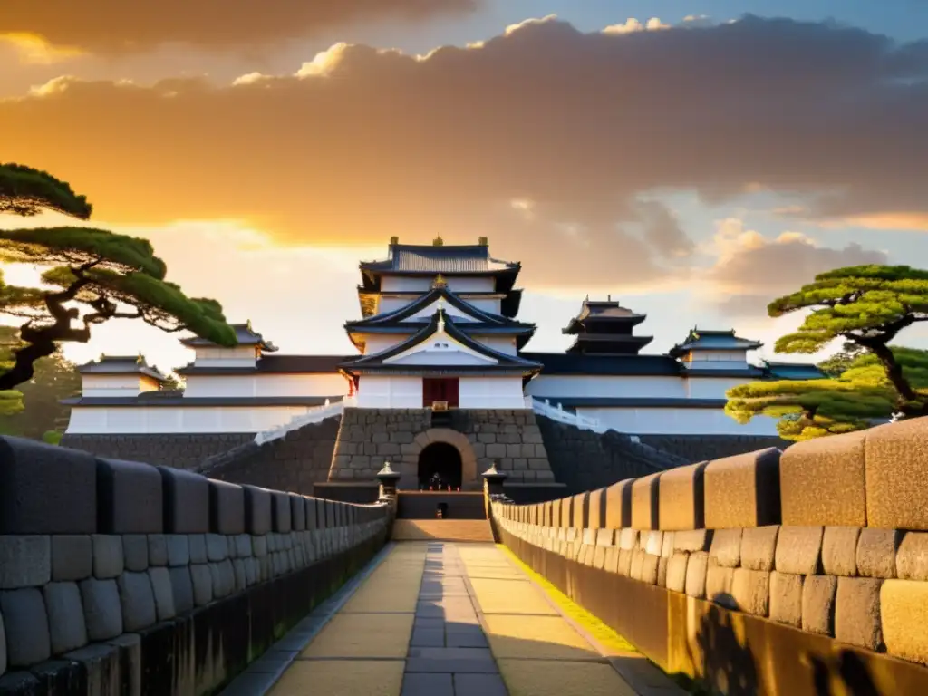 El Castillo de Edo muestra su imponente defensa al atardecer, con samuráis vigilantes