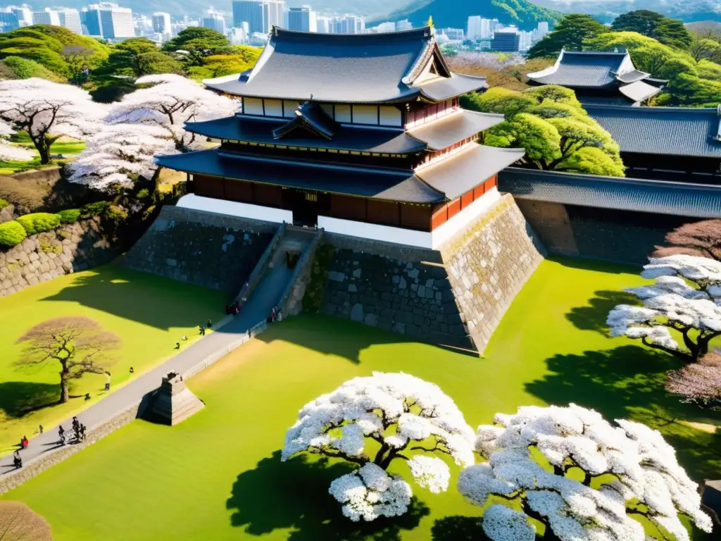 El Castillo de Kumamoto, con sus imponentes murallas de piedra, torres y el foso, iluminado por el sol