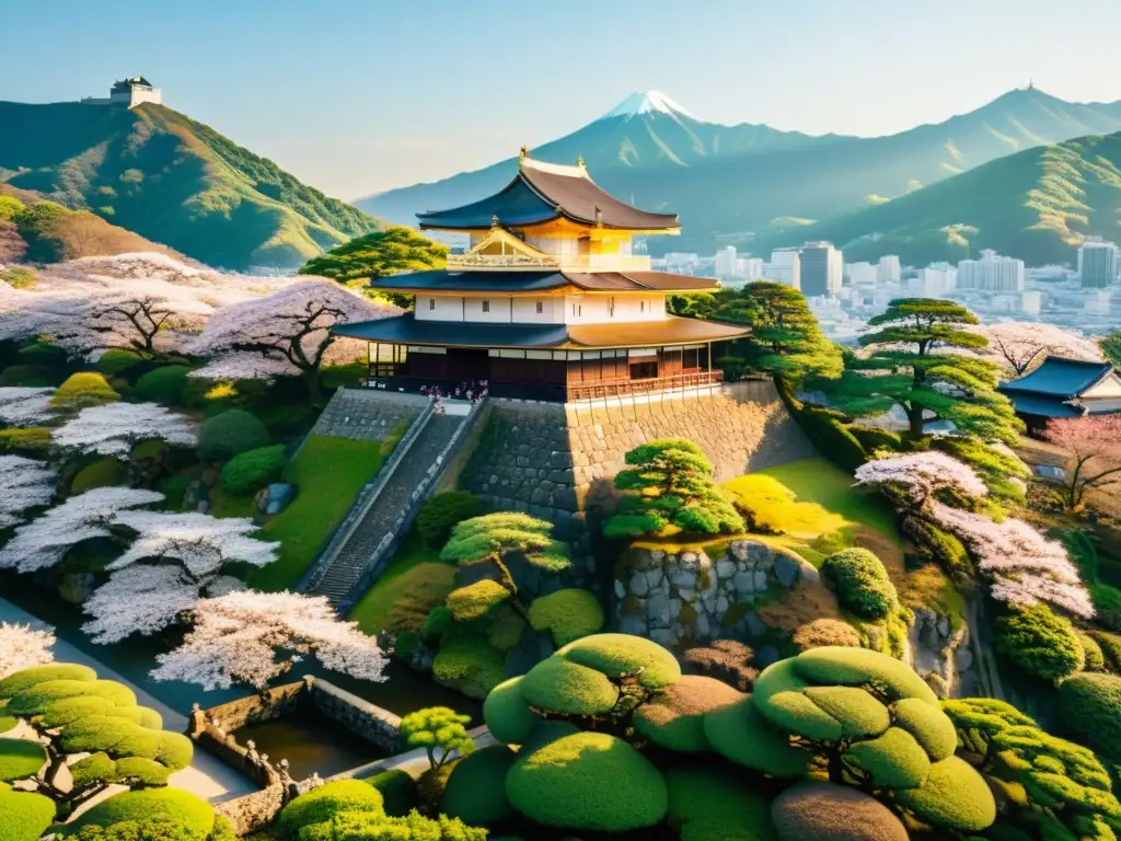 Castillo japonés antiguo rodeado de naturaleza exuberante, visitantes con AR exploran escenas de samuráis