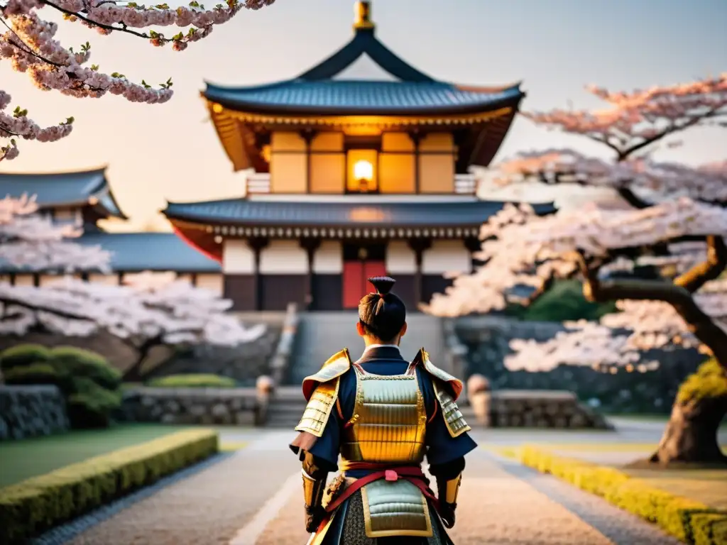 Un castillo samurái japonés con árboles de cerezo en flor, un guerrero samurái en primer plano y la atmósfera tranquila al atardecer