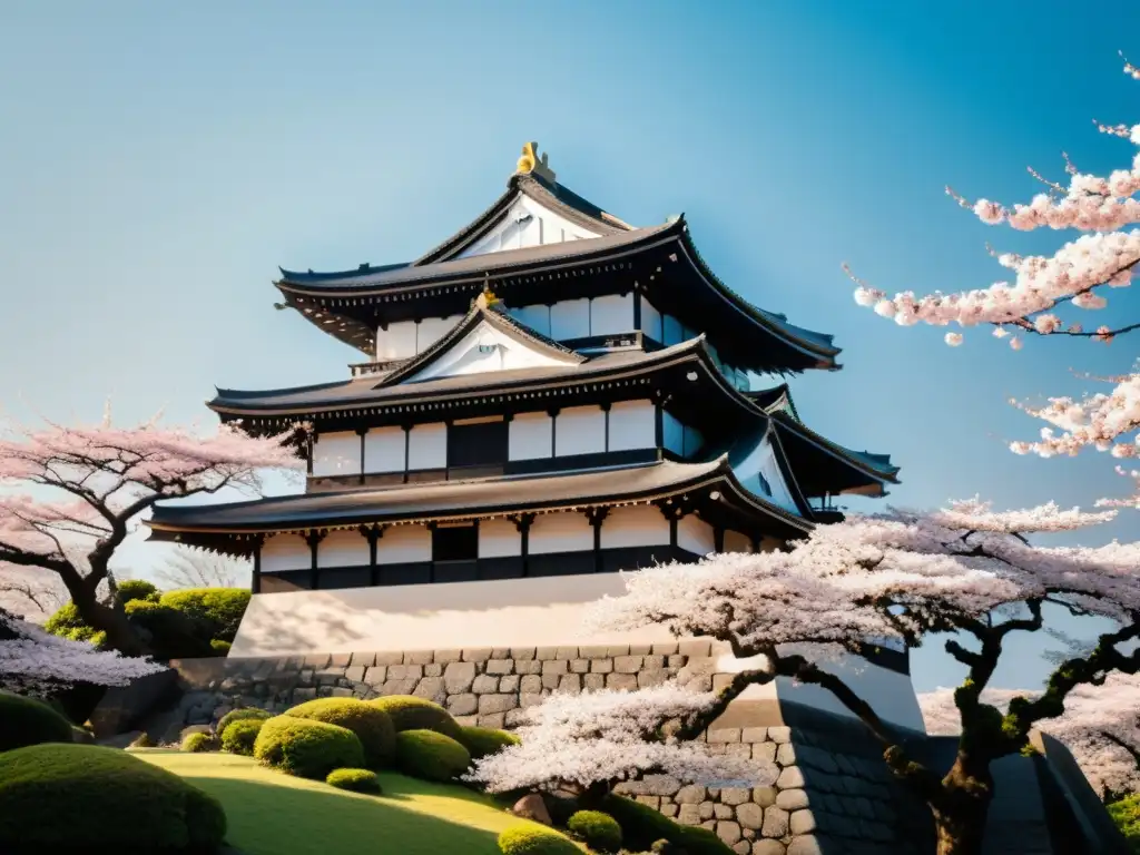 Castillo japonés entre cerezos en flor Castillo japonés entre cerezos en flor, reflejo de principios filosóficos en la construcción de castillos samurai