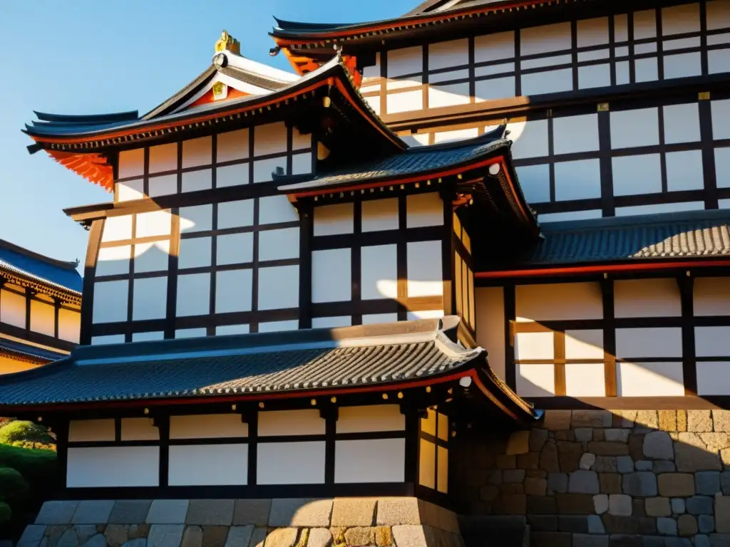 Castillo samurái japonés con influencia de fortalezas extranjeras, detalles arquitectónicos y visitantes explorando los alrededores