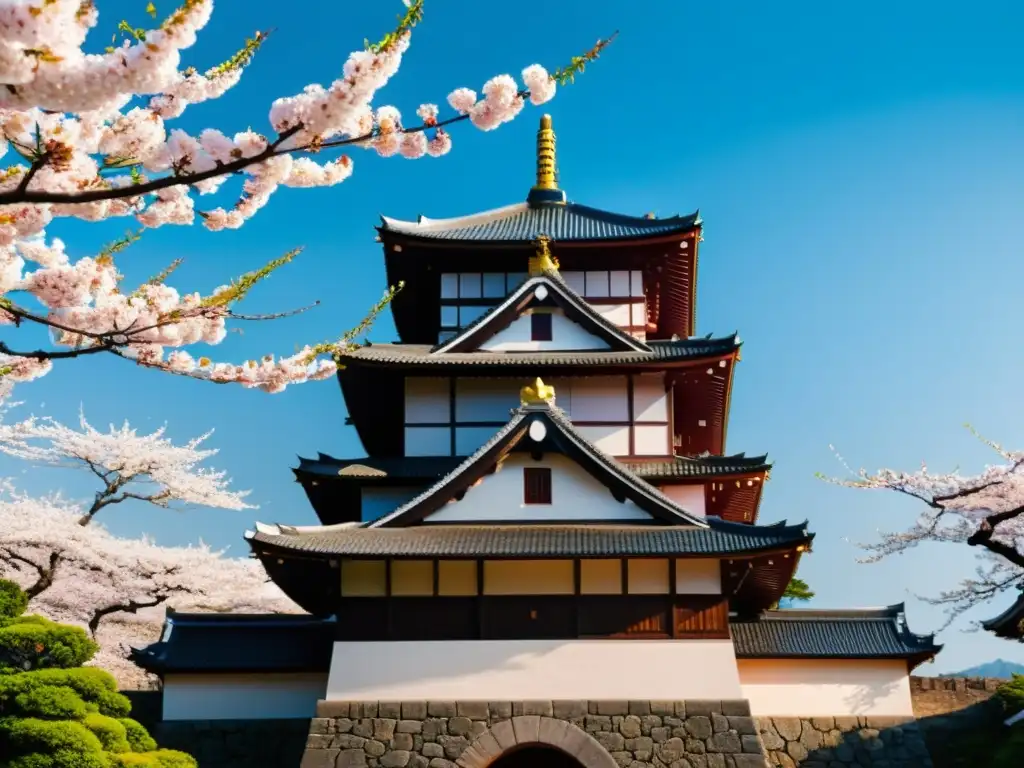 Castillo japonés rodeado de cerezos en flor, una evocación de la era samurái y su poder político