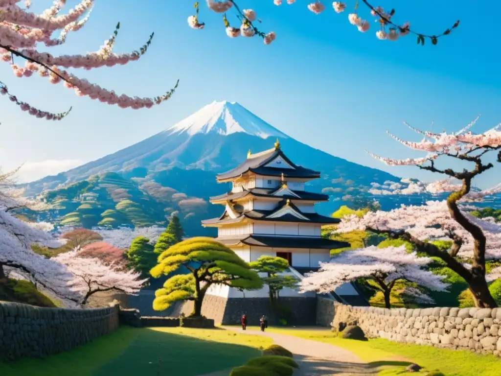 Un castillo japonés rodeado de cerezos en flor, con un samurái contemplativo