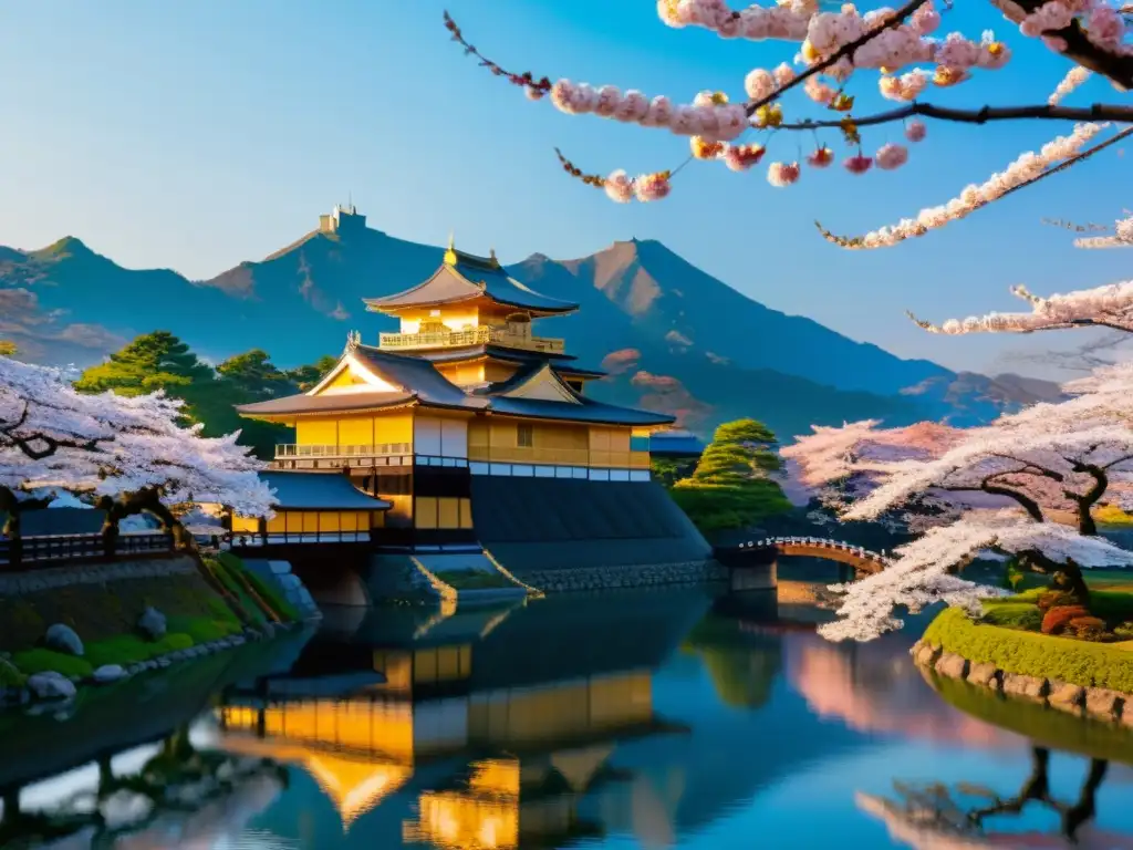 Castillo japonés entre cerezos en flor al atardecer Castillo japonés rodeado de cerezos en flor, reflejado en un tranquilo foso, bañado por la cálida luz del atardecer