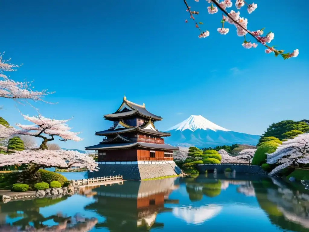 Castillo japonés rodeado de cerezos en flor, reflejado en un sereno foso