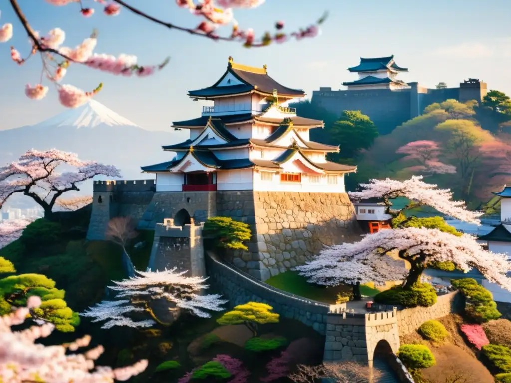 Un castillo japonés rodeado de cerezos en flor, capturando la belleza y la historia de la cultura samurái