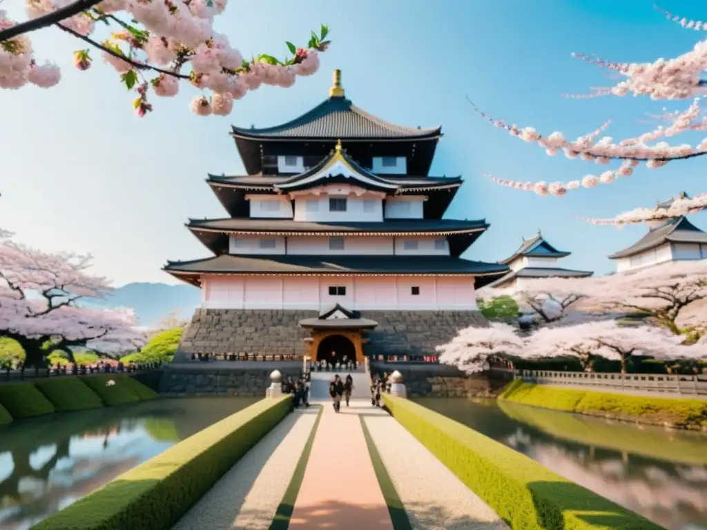 Un castillo japonés rodeado de cerezos en flor, con visitantes usando AR