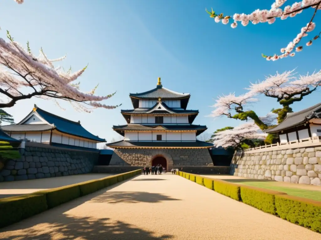 Un castillo japonés rodeado de cerezos en flor, con visitantes usando apps de RA para castillos samuráis