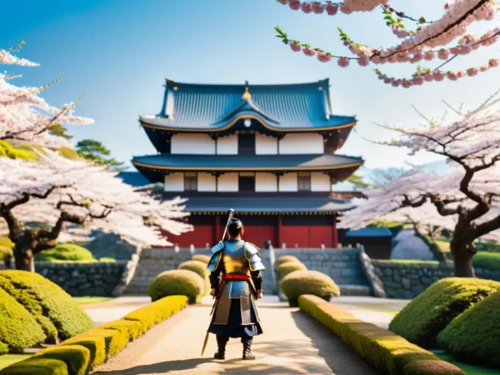 Un castillo japonés rodeado de cerezos en flor, con un samurái y montañas neblinosas al fondo