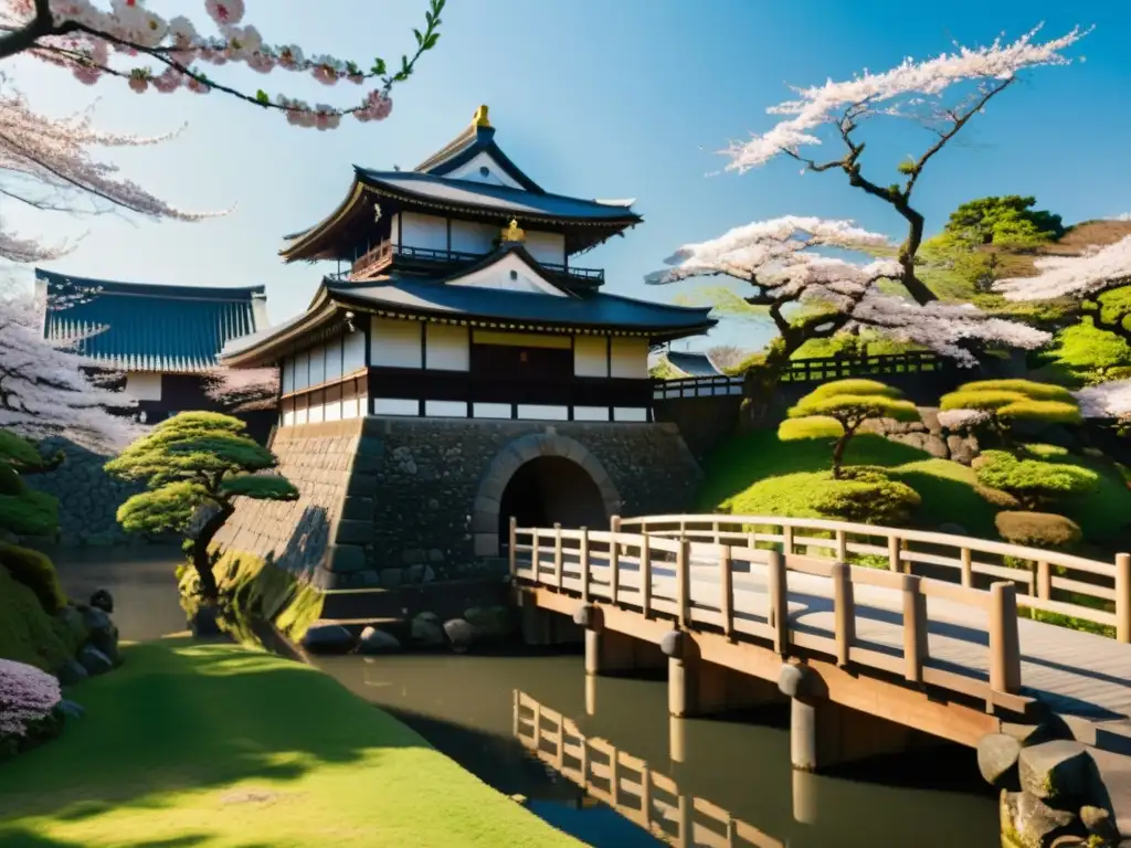 Un castillo samurái japonés rodeado de naturaleza exuberante y árboles de cerezo en flor