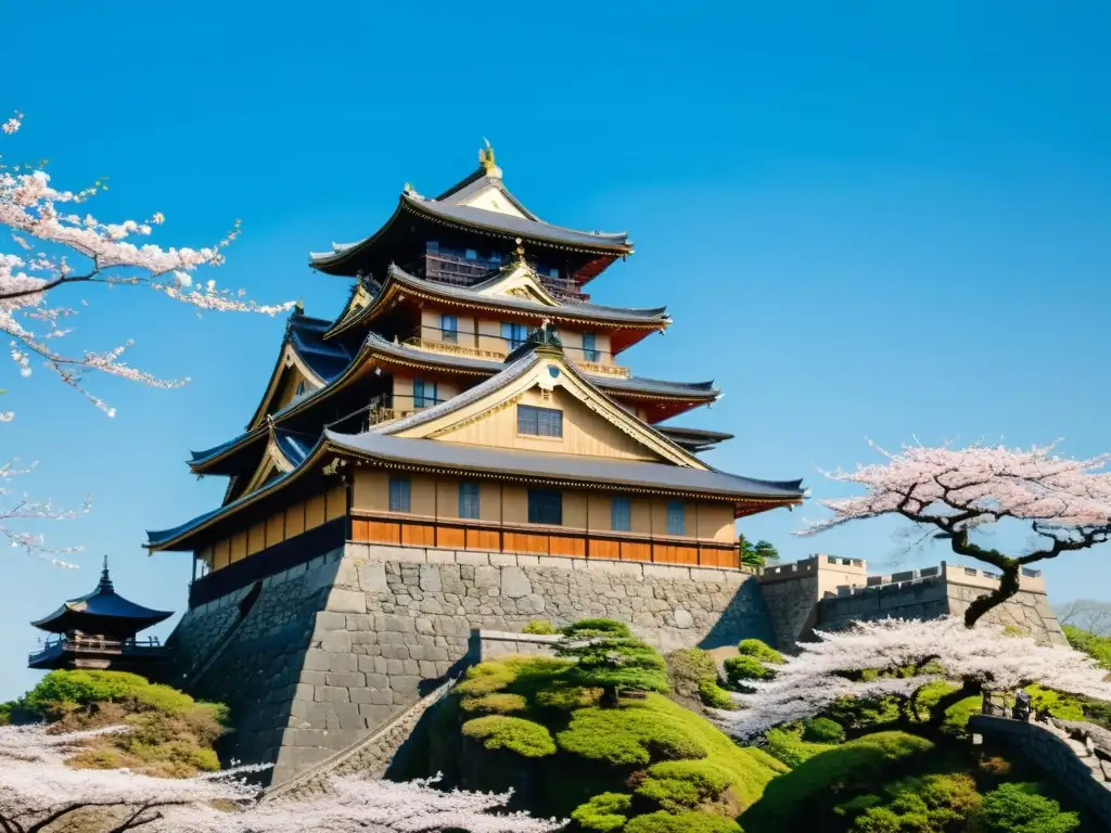 Un castillo japonés tradicional en una colina escarpada rodeado de exuberante vegetación y árboles de cerezo en plena floración