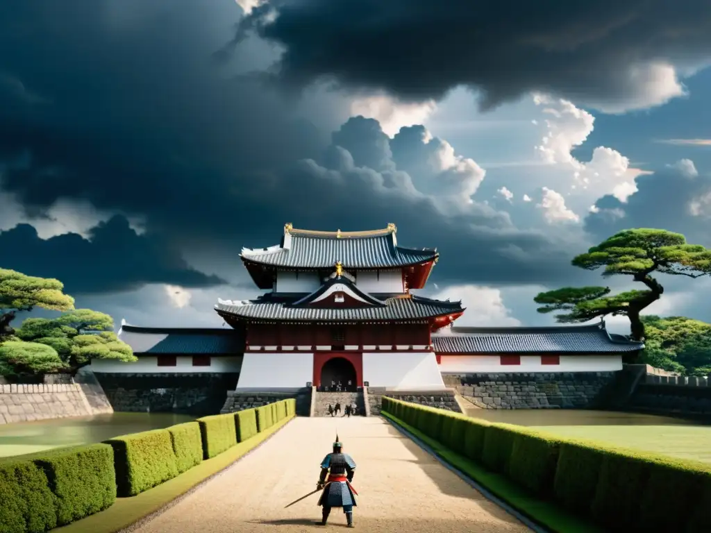 Un castillo japonés tradicional rodeado por un foso, con guerreros samuráis practicando arquería y portando katanas