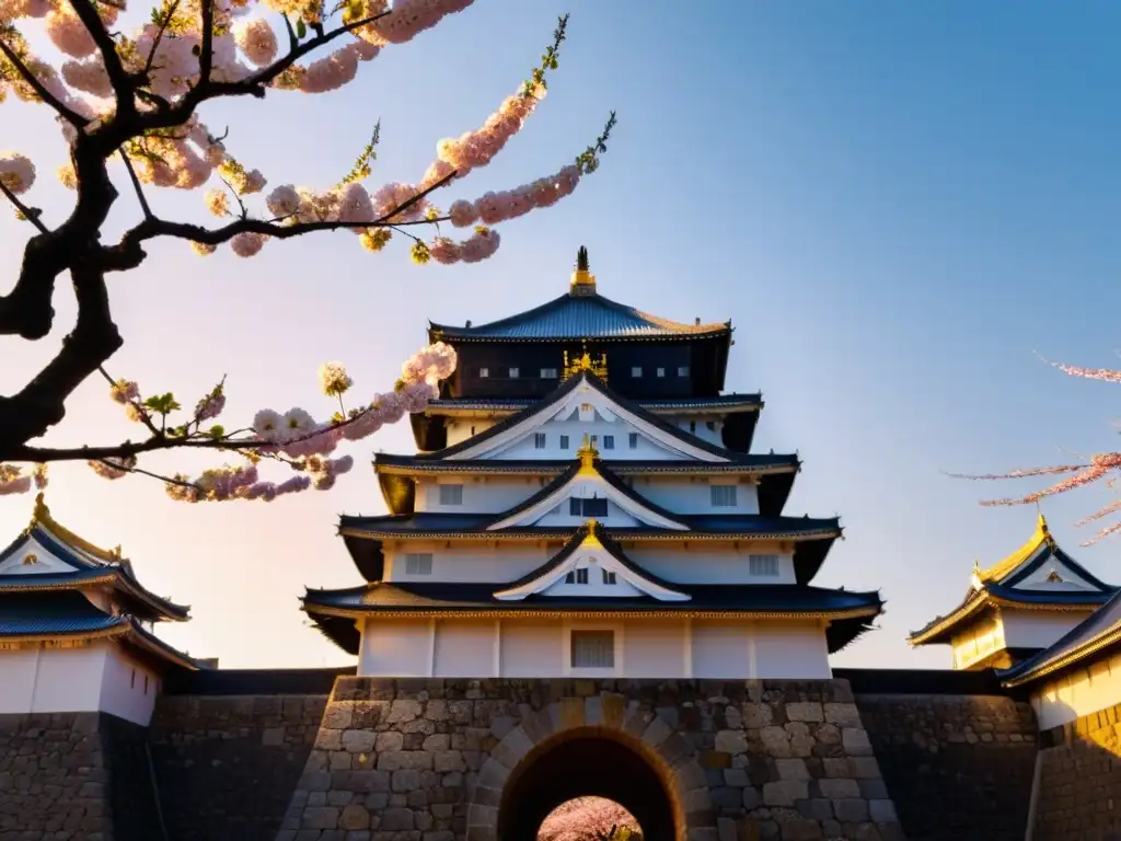 El Castillo de Osaka se alza majestuoso al atardecer, rodeado de historia y la esencia de los castillos samurái en la era Azuchi-Momoyama