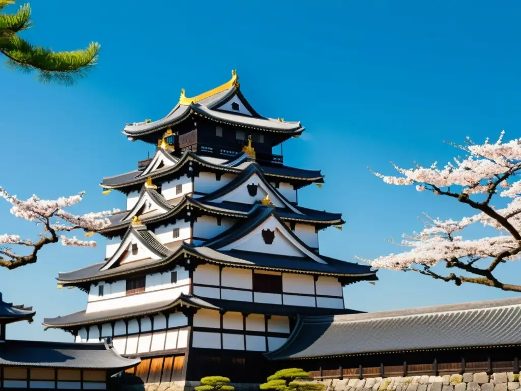 Castillo de Matsumoto historia samuráis: Majestuoso castillo con detalles de madera y tejados elegantes, rodeado de árboles de sakura