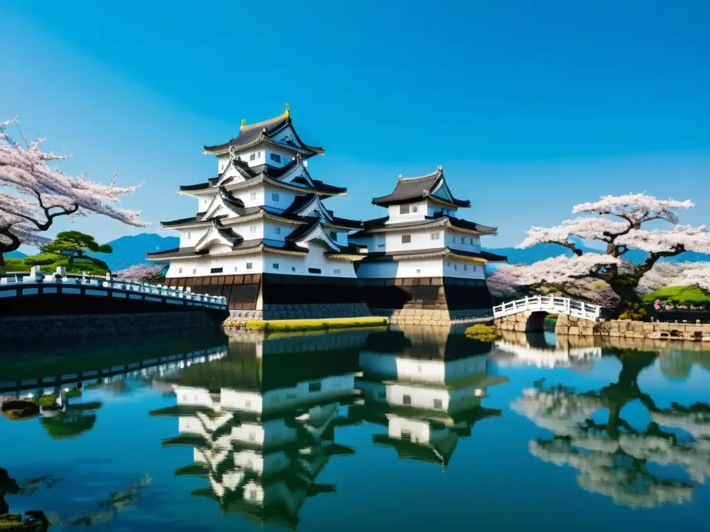 Castillo Matsumoto: Belleza en Blanco y Negro Castillo samurái Japón: majestuoso Matsumoto rodeado de cerezos en flor y visitantes en atuendo tradicional, bajo cielo azul