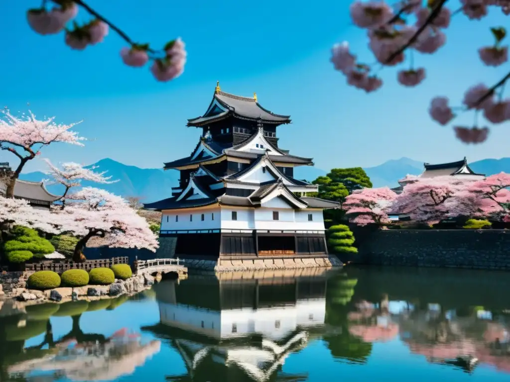 Castillo samurái Japón: majestuoso Matsumoto Castle rodeado de cerezos en flor y visitantes en trajes tradicionales