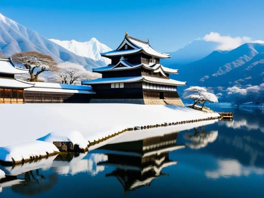 Castillo de Matsumoto, un majestuoso castillo samurái en Japón, rodeado de nieve y montañas, reflejándose en el tranquilo foso