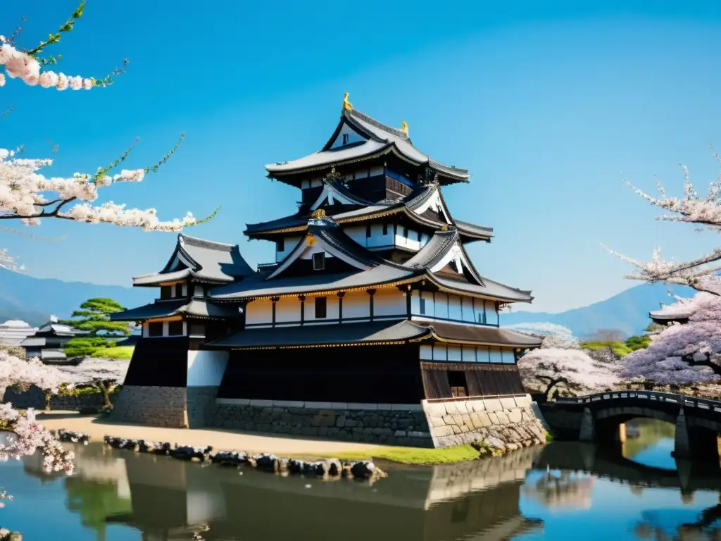 Castillo de Matsumoto rodeado de sakuras en flor, revelando su belleza histórica y cultural con visitantes vestidos de samurái