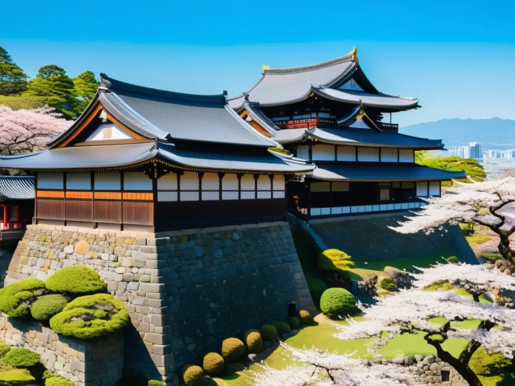 Castillo samurái rodeado de cerezos en flor, con visitantes en kimono