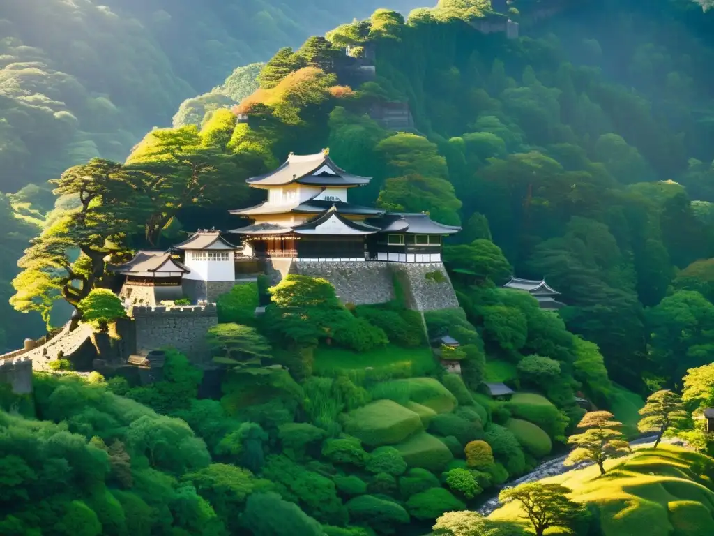 Un castillo samurái majestuoso y bien conservado en un paisaje exuberante, evocando la era de los castillos samuráis en realidad aumentada