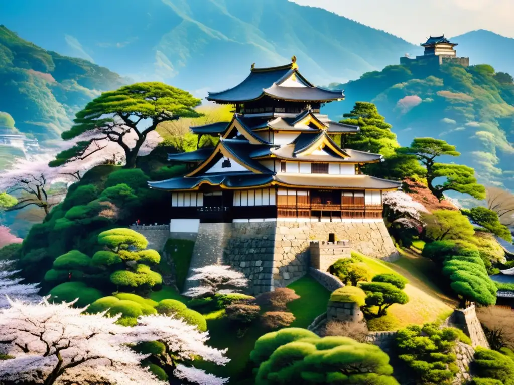 Castillo Samurai: Resplandor ancestral entre cerezos Un castillo samurái majestuoso y bien conservado en una colina, rodeado de exuberante vegetación y árboles de cerezo en flor