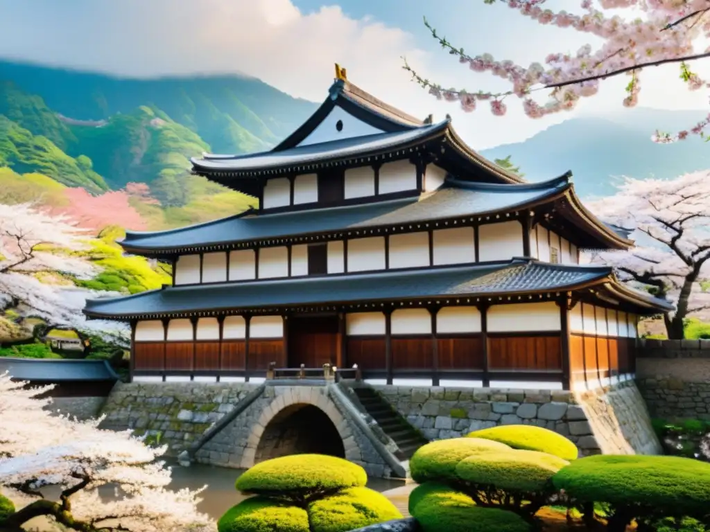 Castillo samurái entre cerezos en flor al amanecer Un castillo samurái rodeado de cerezos en flor, evocando la historia y legado de los castillos samurái en Japón