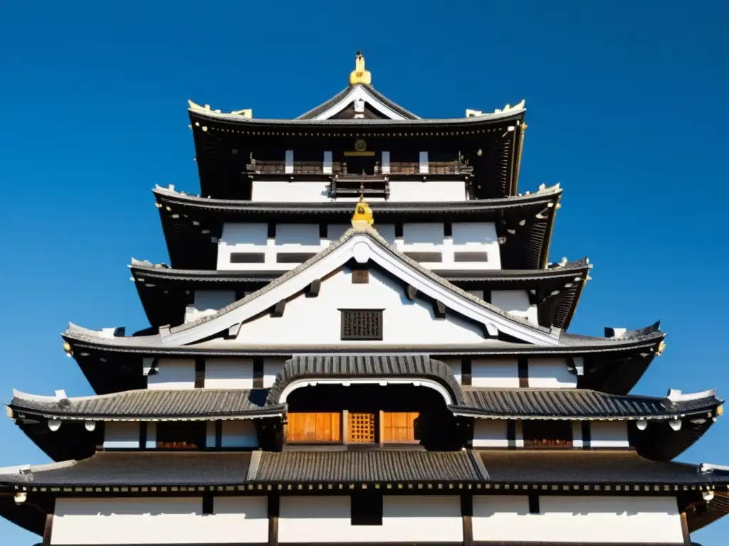 El Castillo de Matsumoto, historia samuráis, contra el cielo azul, con detalles de madera y visitantes