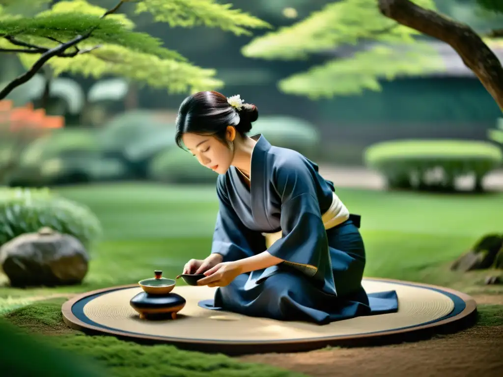 Una cautivadora ceremonia del té japonés en un jardín sereno, evocando los cuentos de honor y vida samurái