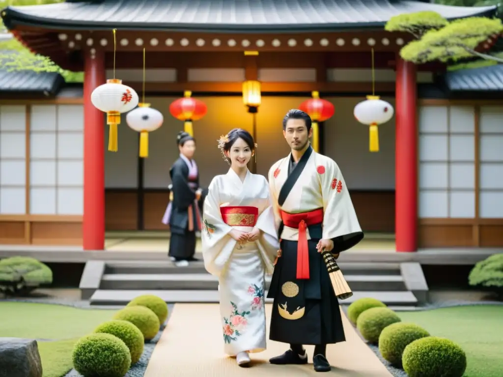 Una ceremonia de boda tradicional japonesa en un sereno jardín de un templo, con una pareja vestida con trajes de samurái