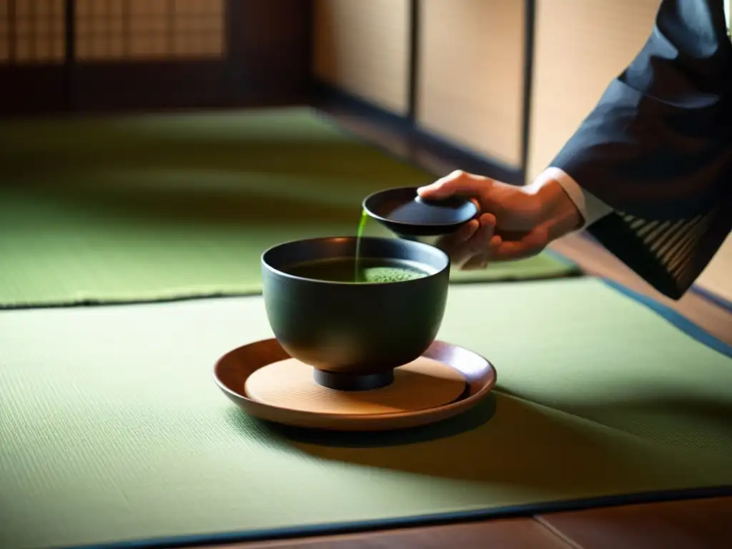 Ceremonia del té en la cultura samurái: Exquisita danza de luz y sombra en una tranquila habitación de tatami durante la ceremonia japonesa del té