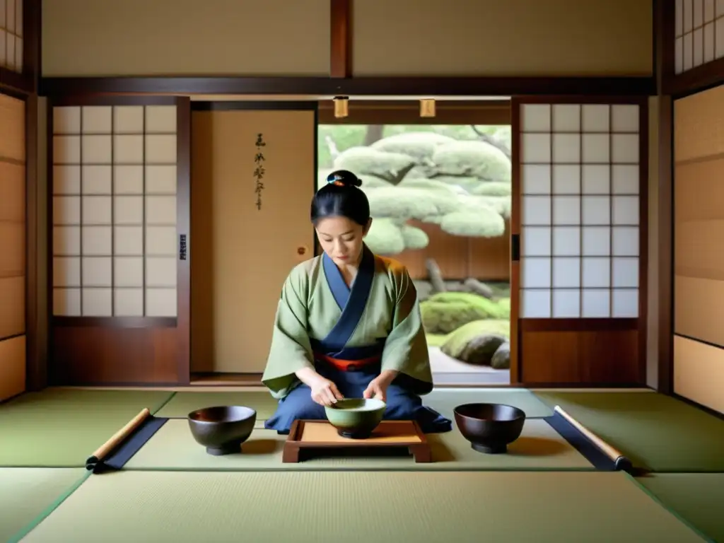 Ceremonia del té en la cultura samurái: Tradicional ritual japonés en una sala serena con tatamis, maestro del té y samuráis observando con reverencia