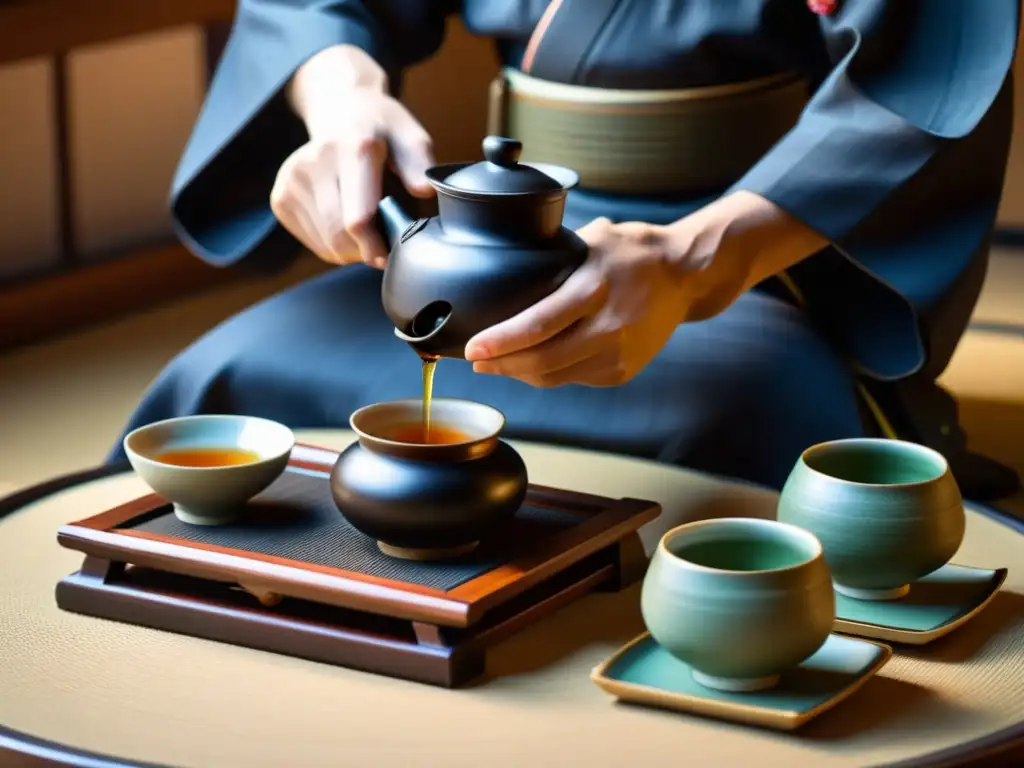 Ceremonia del té samurái: Detalle de una grácil preparación de té en una ceremonia japonesa, con movimientos precisos y una atmósfera de serena elegancia