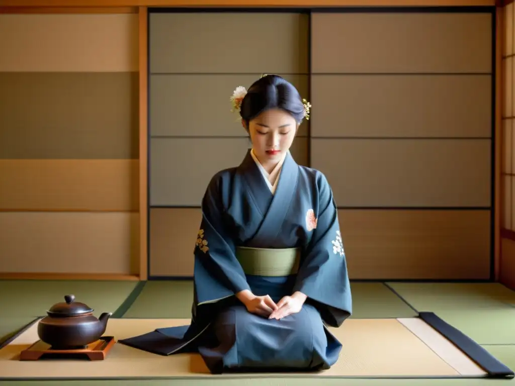 Una ceremonia del té samurái en una habitación japonesa tradicional con puertas shoji