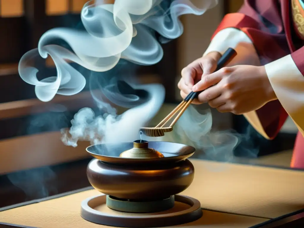 Ceremonia de incienso japonés, maestro manejando utensilios con delicadeza