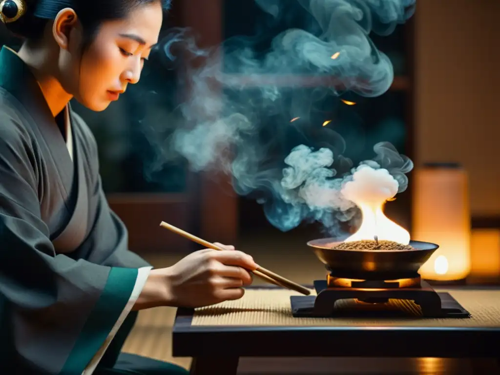 'Una ceremonia de incienso japonesa en una habitación tenue, resaltando la importancia del incienso en la cultura samurái'
