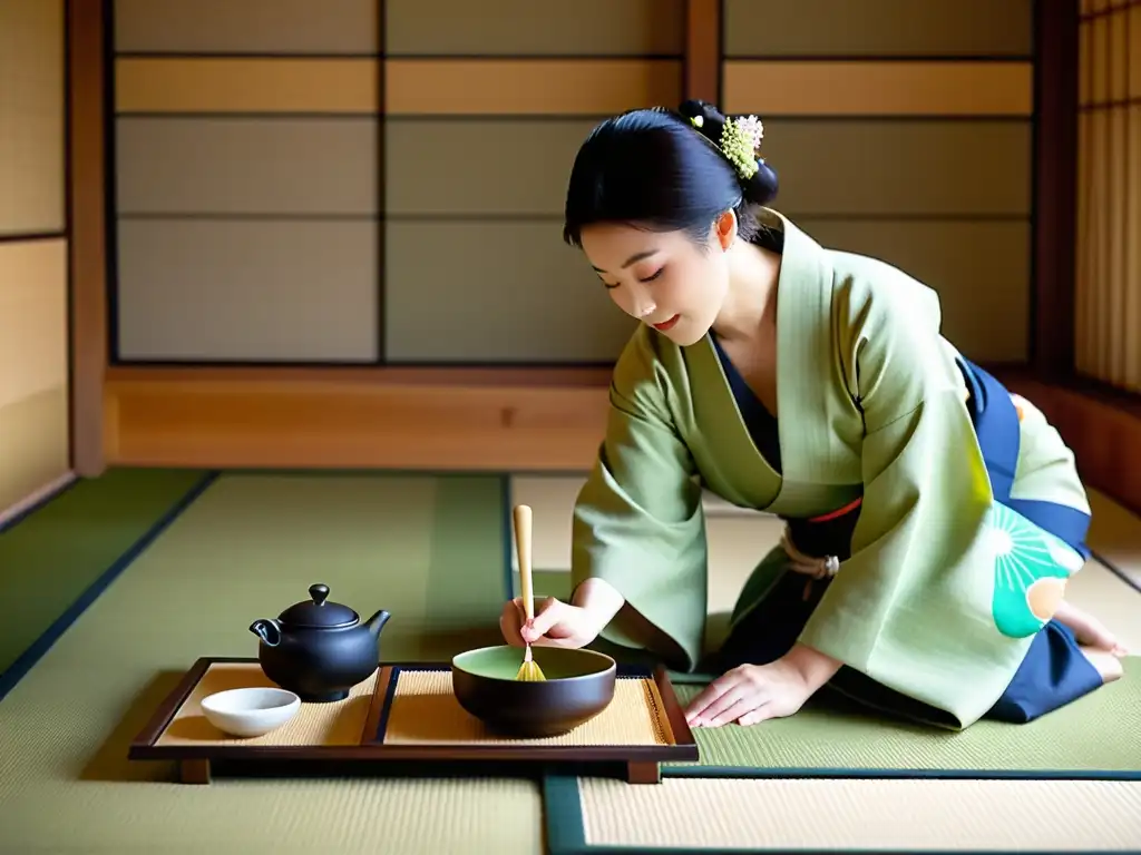 Ceremonia del Té influencia femenina: Mujeres elegantes realizan la tradicional ceremonia del té japonés en una serena sala de tatami, preparando y sirviendo matcha con gracia