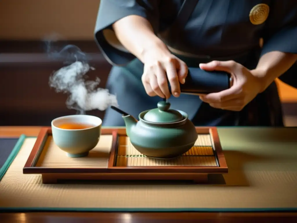 Ceremonia del té japonés, con detalles intrincados, movimiento delicado y serenidad Zen para la Resiliencia Emocional