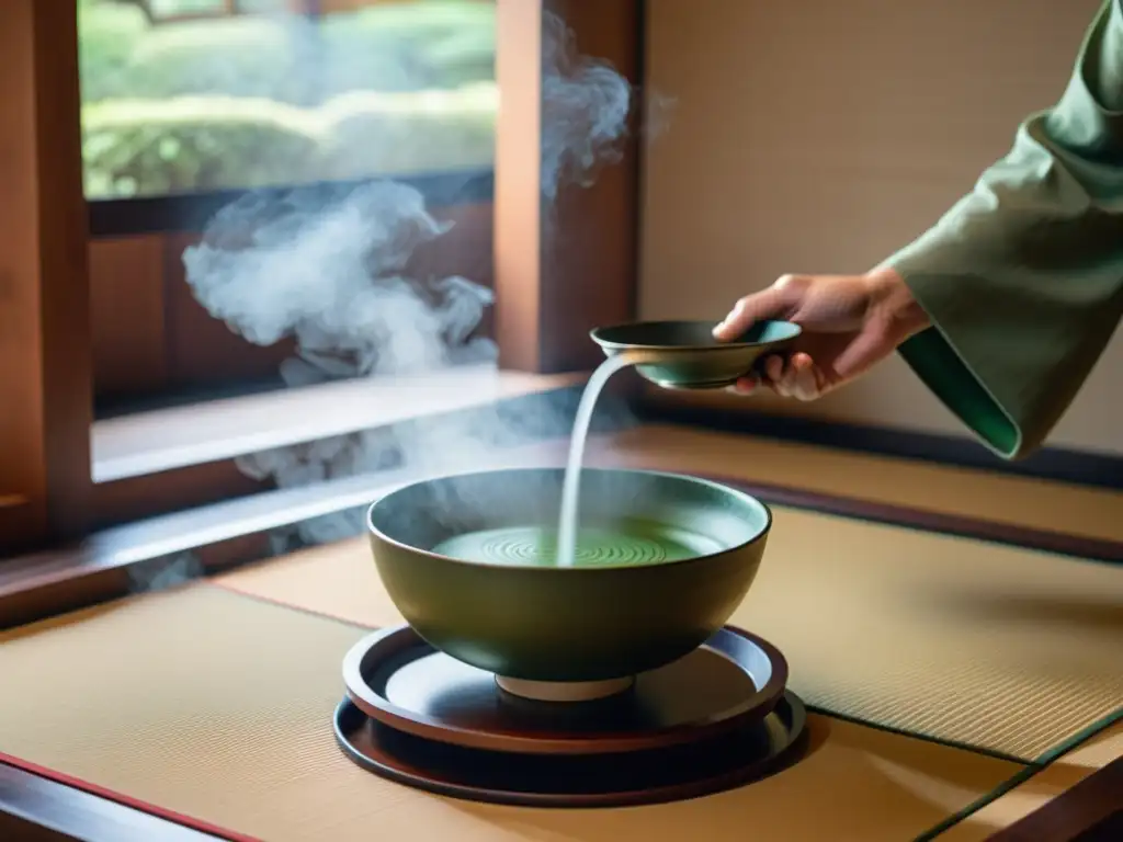 Ritual del té japonés: Belleza en Movimiento La ceremonia del té japonés en una habitación de tatami, con la filosofía zen en la era samurái