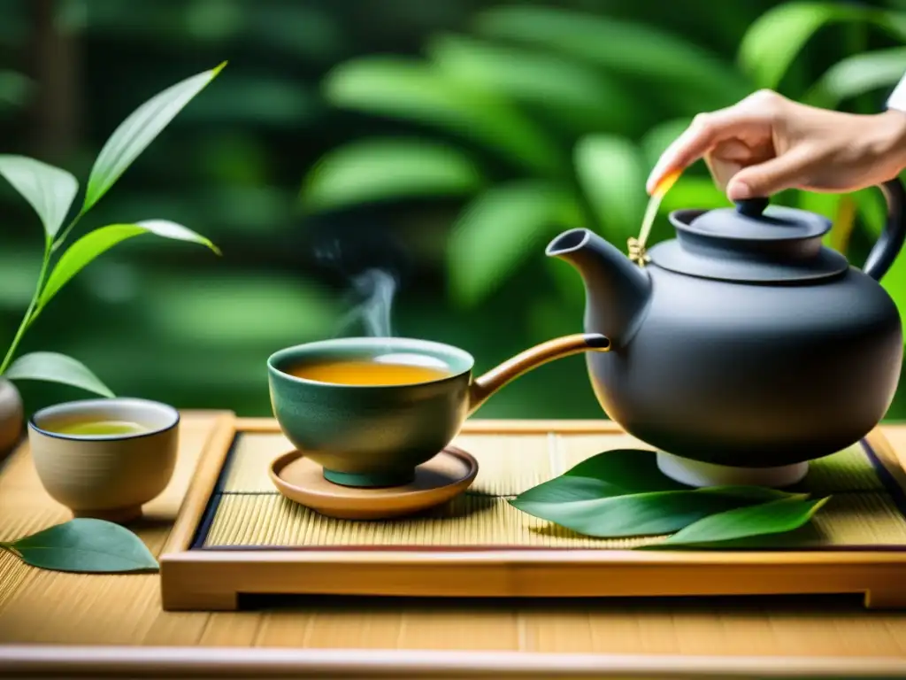 'Ceremonia del té japonés en un jardín sereno, con un maestro del té vertiendo en tazas delicadas, rodeado de elementos de bambú y flores