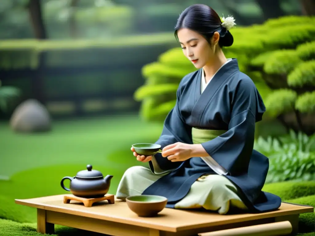 Exquisita ceremonia del té japonés en jardín sereno Una ceremonia del té japonés en un jardín sereno