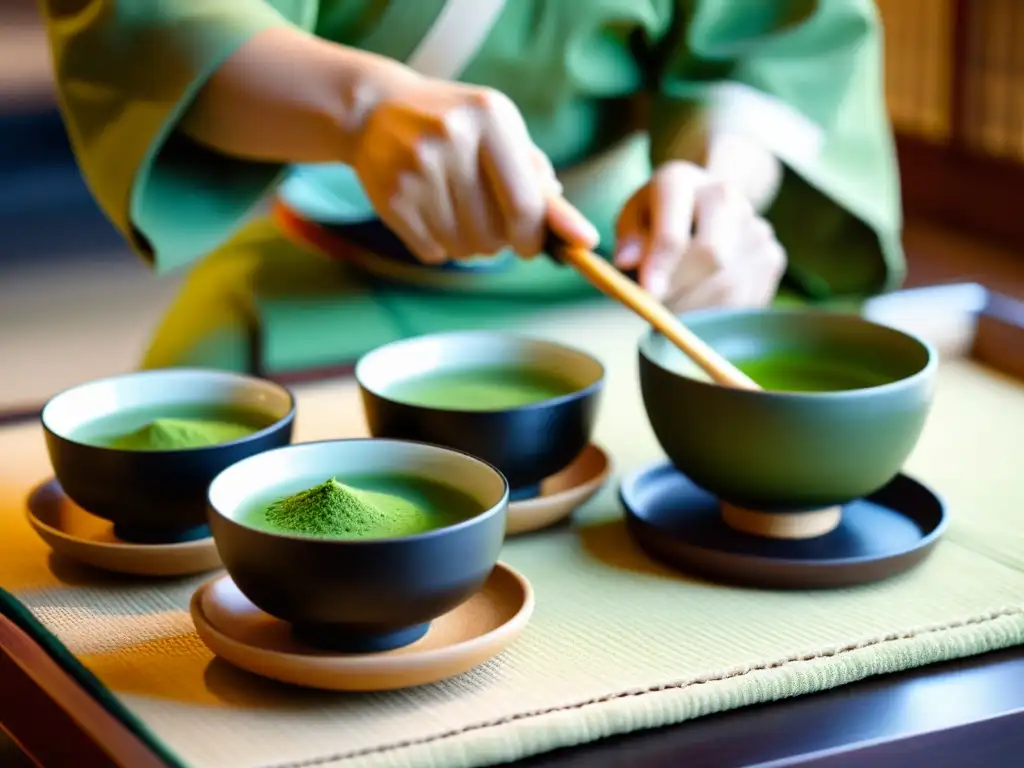 Una ceremonia del té japonés tradicional que evoca la sostenibilidad en la cultura samurái, con movimientos delicados y una atmósfera serena