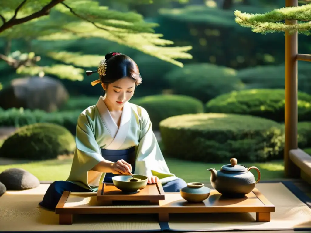 Una ceremonia del té japonesa con ambiente zen, utensilios tradicionales y una anfitriona vestida con kimono