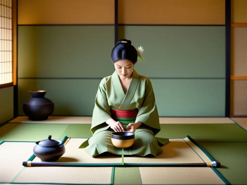 Una ceremonia del té japonesa con una anfitriona elegante preparando matcha en un cuenco