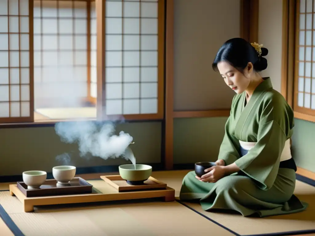Exquisita ceremonia del té japonés: gracia y tradición Una ceremonia del té japonesa en blanco y negro, con el maestro sirviendo matcha mientras los invitados observan en silencio